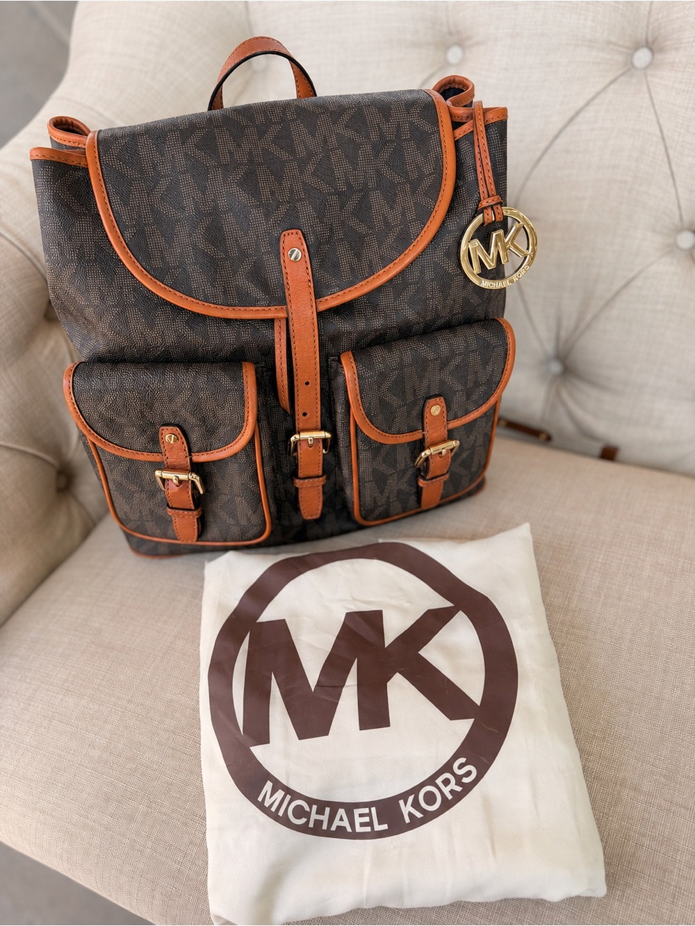 Michael Kors Backpack with Tan Leather Trim and Dust Bag